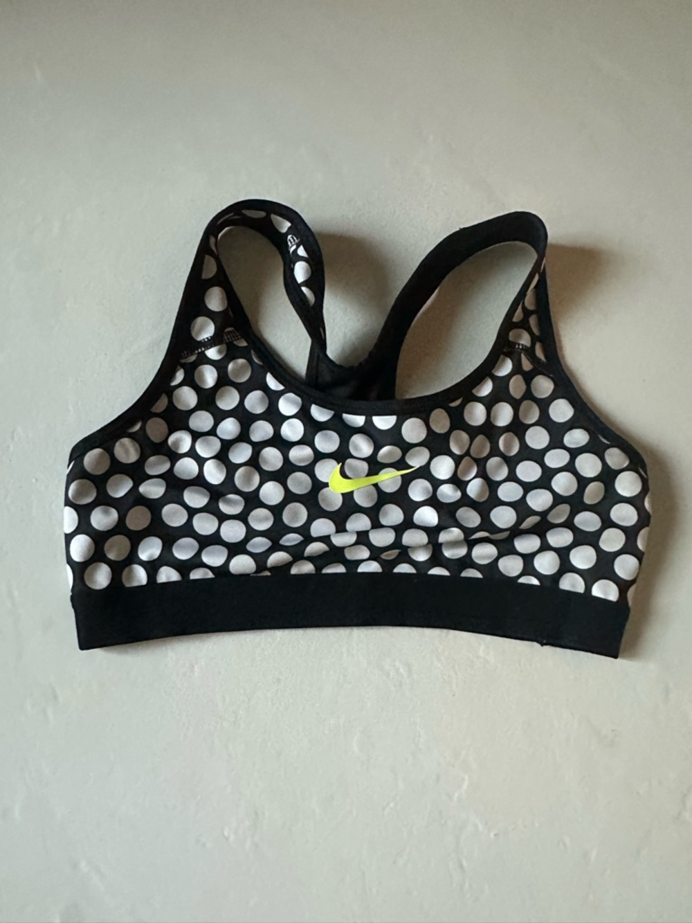 Nike Black & White Polka Dot Sports Bra with Neon Yellow Swoosh